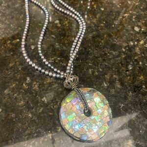 Vintage Abalone Shell Pendant Necklace w/ Pearl Beads and Sterling Silver Clasp